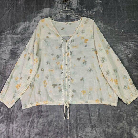 Como Blu Womens Button Up Top 2X Pale Yellow Floral Tie Waist Cottage Peasant - Picture 2 of 9